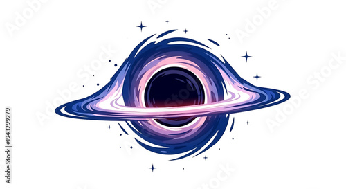 Vibrant cosmic black hole illustration with swirling purple and blue accretion disk emitting stardust and light symbolizing gravity singularity and the mysteries of deep space