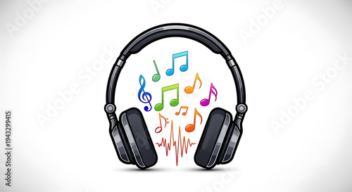 Vibrant colorful musical notes and sound wave emanating from modern black headphones symbolizing audio creation digital music production and the joy of listening to melodies