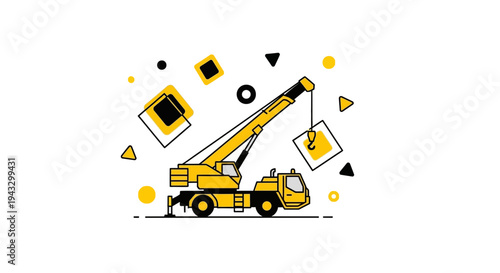 Modern Yellow Crane Illustration Lifting Geometric Shapes Industrially