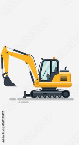 Modern Yellow Excavator Machine On White Background Industrial Equipment Vector Illustration