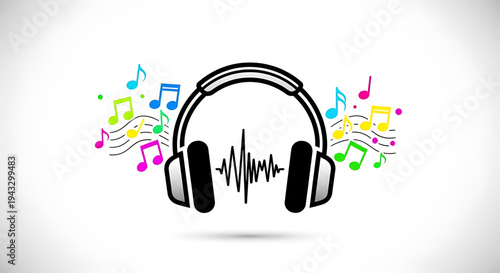 Vibrant headphones with colorful musical notes and sound wave visualization symbolizing audio entertainment music creation and digital sound technology for creative projects