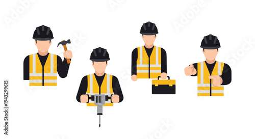 Construction workers in various poses with tools and safety vests