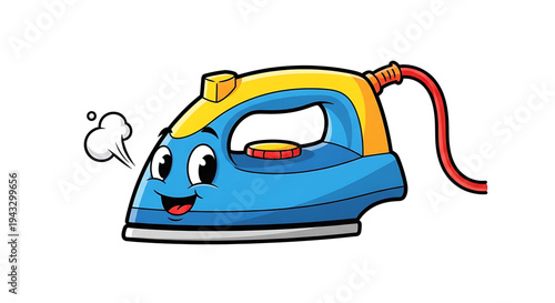 Cheerful cartoon electric steam iron character with a smiling face and steam rising depicted in a vibrant blue and yellow color scheme isolated on a clean white background perfect