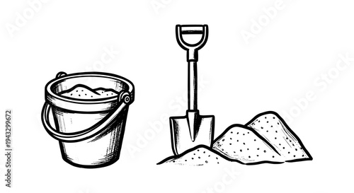 Hand-drawn illustration of a sand bucket and shovel with piles of sand