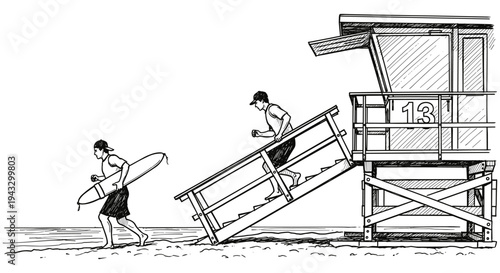 Lifeguard running up stairs with surfboard, beach scene, black and white sketch