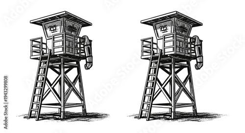 Two identical lifeguard towers stand side-by-side on a white background, rendered in a sketch style