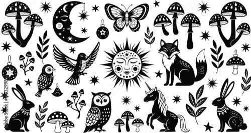 Celestial, folk, art, mystical, animal, vector, set, celestial, sun, moon, mushrooms, rabbit, owl, fox, unicorn, butterfly, stars, forest, silhouette, collection,