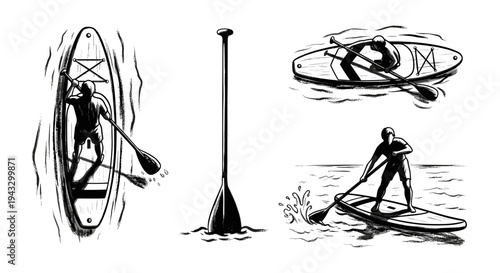 Collection of black and white illustrations depicting stand-up paddleboarding activities on water
