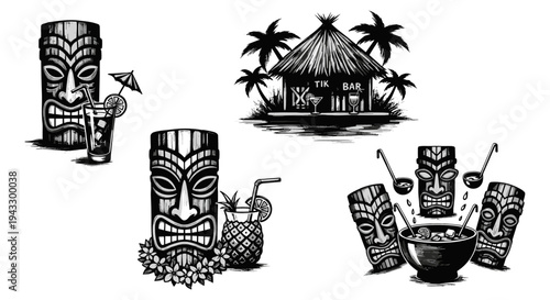 Tiki bar and tropical drinks with Polynesian masks and palm trees illustration