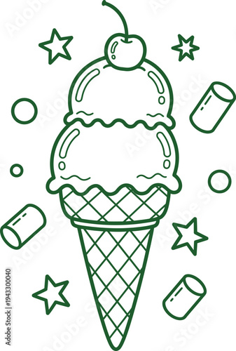 Colorful illustration of a double scoop ice cream cone with cherry and sprinkles