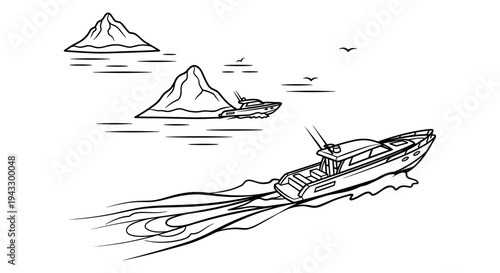 Two yachts sailing past islands in a stylized line art drawing