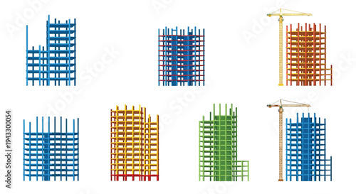 Construction site illustrations showing building frameworks and operating cranes