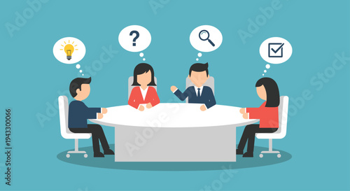 Four diverse individuals are seated around a white oval table, engaged in a brainstorming session with various thought bubble icons.