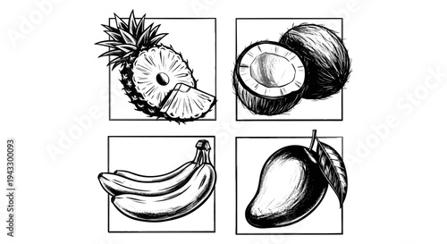 Four tropical fruits illustrated in a graphic style: pineapple, coconut, bananas, and mango