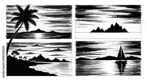 Collection of four black and white sketches depicting tropical island scenes with a sailboat and palm tree