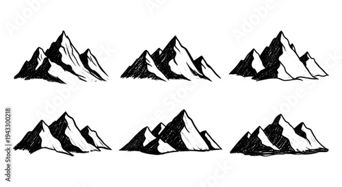 Collection of six hand-drawn mountain range illustrations in black and white sketch style