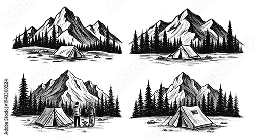 Hand-drawn mountain camping scenes with tents and pine trees in a vintage sketch style