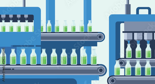 Two blue industrial machines are actively filling rows of clear glass bottles with green liquid on conveyor belts in a pixelated factory setting.