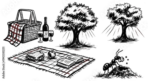 Hand-drawn illustration of a picnic scene with a basket, wine, and an ant carrying food