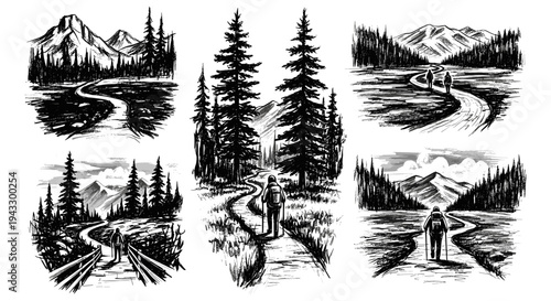 Black and white sketch of hikers on winding paths through majestic mountain landscapes
