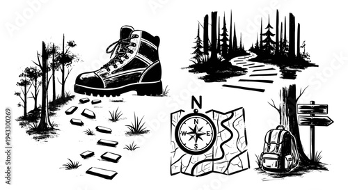 Hiking adventure elements: boot, path, compass, map, backpack, and signpost in forest