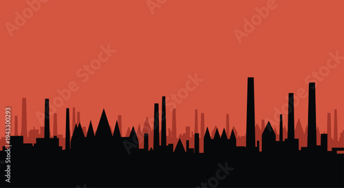 A stark black silhouette of a dense city skyline with numerous varied buildings stretches across a flat, solid red-orange background.