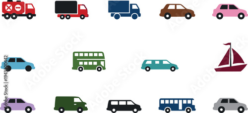 Colorful flat vector icon set featuring transportation vehicles including cars trucks buses van and sailboat for logistics travel and urban shipping design elements