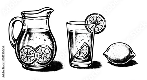 Hand-drawn illustration of a pitcher and glass filled with refreshing lemonade and fresh lemons