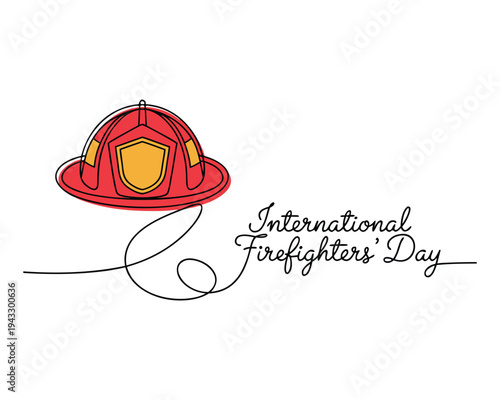 Firefighters day simple web banner, poster, background. Fireman red helmet one continuous line drawing vector illustration. Lettering International Firefighters day