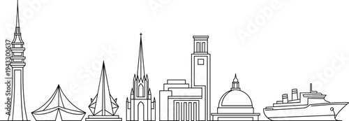 Minimalist city skyline skyline line art illustration featuring famous landmarks cathedral tower dome and cruise ship for travel tourism and urban architectural design projects