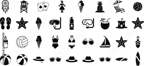 Large collection of black beach icons and summer holiday symbols including swimwear sunglasses ice cream starfish surfboard and tropical vacation elements in flat vector style