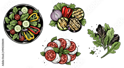 Vibrant hand-drawn illustration of fresh salads and grilled vegetables arranged artfully