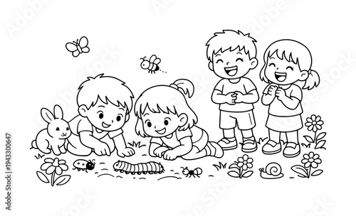 Curious Kids Observing. Caterpillar crawl scene with kids kneeling to observe a caterpillar, friends laughing nearby, tiny insects