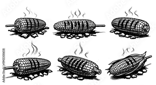 Illustration of grilled corn on the cob with steam rising, presented in a grid layout
