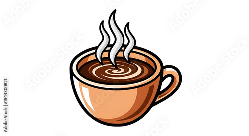 Steaming hot coffee cup with swirling brown liquid and wispy white steam rising perfect for morning breakfast cafe or cozy beverage break isolated on white background flat design