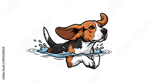 Joyful beagle dog swimming happily in clear blue water with splashing waves ears flopping enjoying a refreshing summer day outdoors in a refreshing aquatic environment pure canine