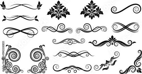Vintage ornamental vector dividers collection featuring elegant floral flourishes scroll swirls damask elements and decorative border frames for classic wedding invitation and certificate design