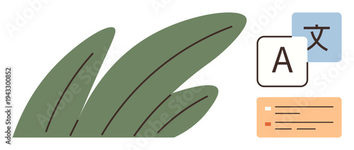Education, language learning, global communication, technology, design, creativity. Abstract green leaf shapes and translation icons. Language learning and global communication concept