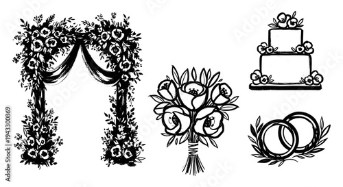 Hand-drawn wedding elements including floral arch, bouquet, cake, and rings