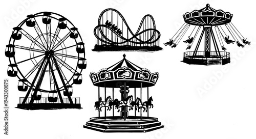 Collection of classic amusement park rides in a stylized black and white illustration