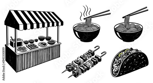 Hand-drawn illustration of a food stall with various street food items like noodles, kebabs, and tacos