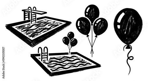 Black and white illustration of swimming pools and balloons, perfect for party themes