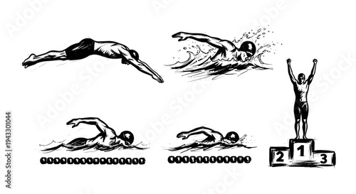 Collection of dynamic swimming illustrations showing different race moments and victory celebration