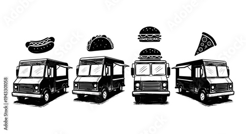 Collection of stylized food trucks offering diverse street food options like burgers and pizza
