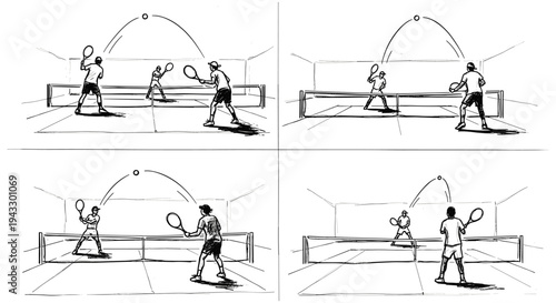 Tennis players in action, illustrating the trajectory of the ball during a match