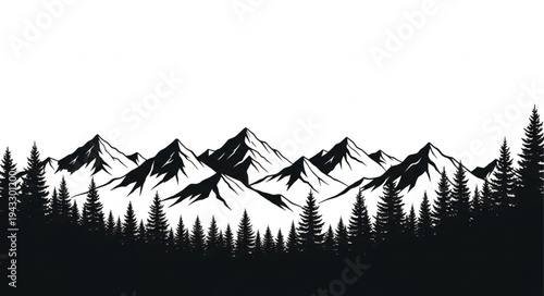 Snowy Mountains and Forest Silhouette.