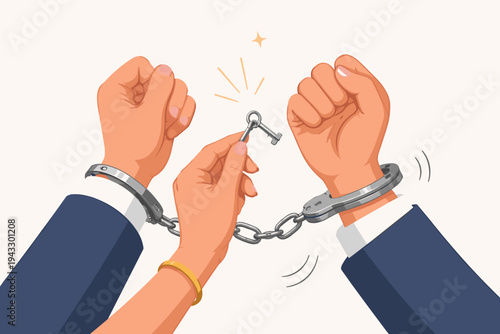 Vector Illustration of a Female Hand Holding a Key to Unlock a Man's Hands from Metal Handcuffs, Symbolizing Freedom, Liberation, Legal Help, Rescue, and Breaking Free from Unjust Constraints.