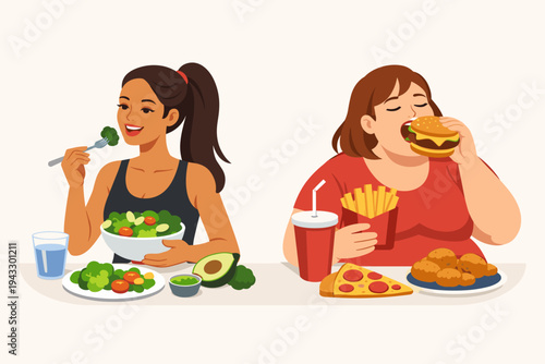 Comparison vector of a fit woman eating healthy green vegetables and salad versus an overweight woman eating junk food like burgers, fries, and pizza, representing nutrition and diet choices.