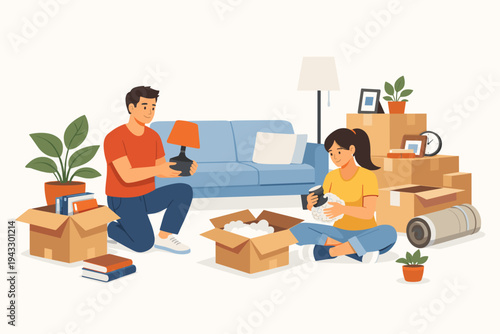Happy Young Couple Relocating to a New Apartment, Unpacking Cardboard Boxes in a Living Room with a Blue Sofa, Plants, and Household Items, Flat Vector Illustration of Moving Day and Home Decor