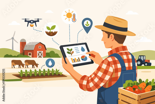 Modern farmer using digital tablet app for smart agriculture management on sustainable farm with barn, drone, tractor, livestock, crops, and wind turbine, flat vector illustration concept art.